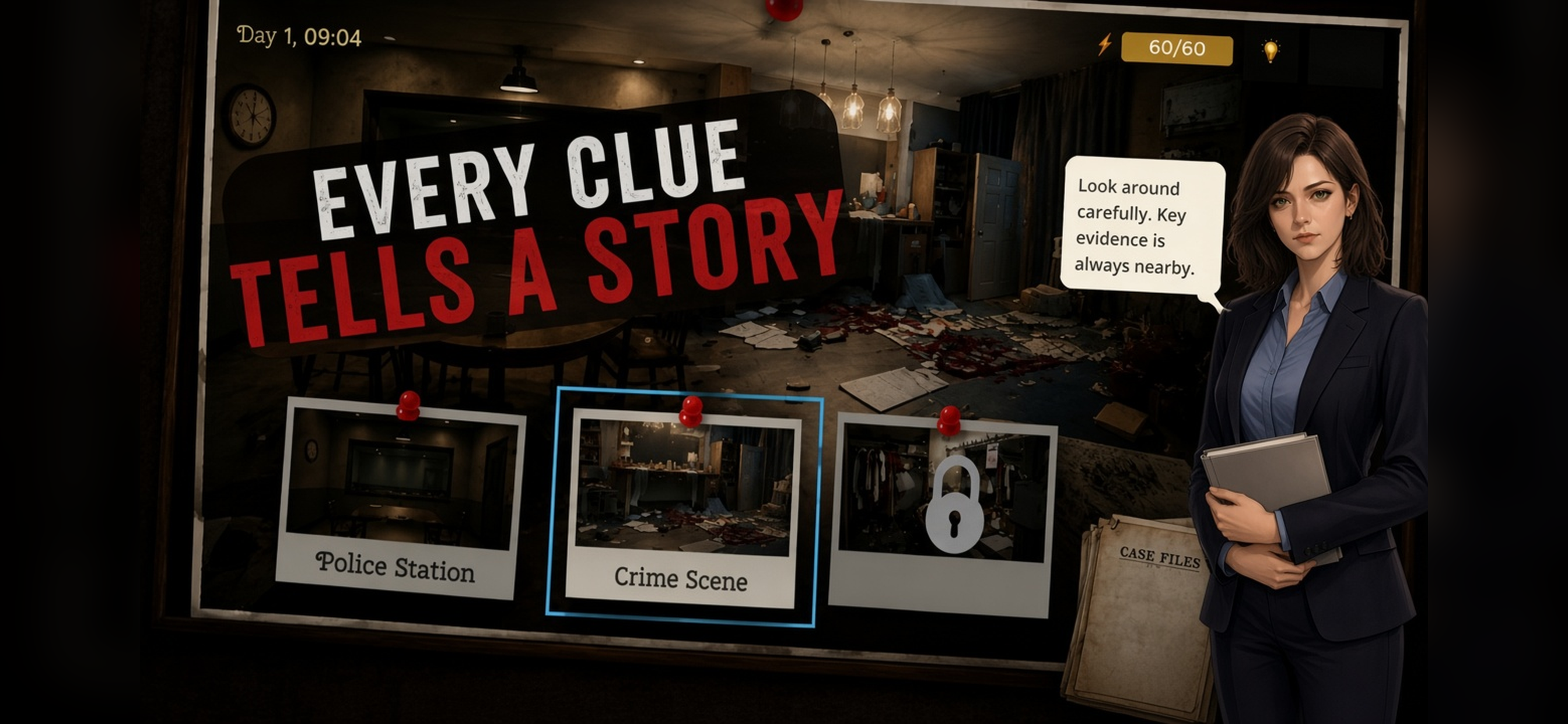 Crime scene hub with location choices such as the police station and the scene itself.