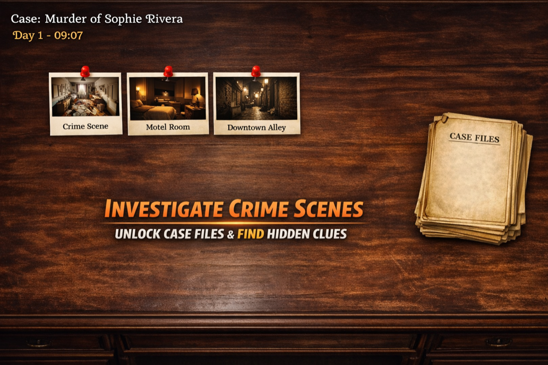 In-game crime scene view with environment details for the investigation.