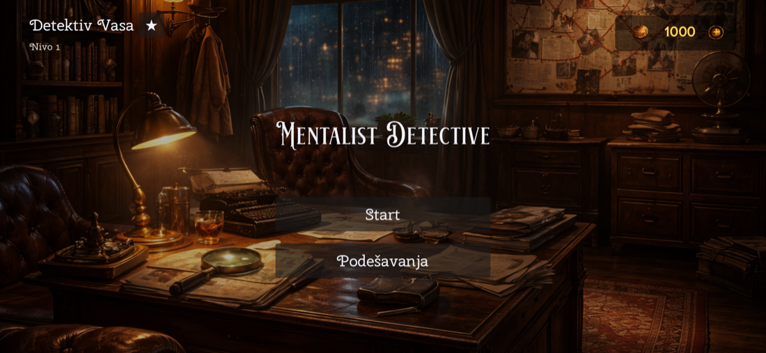 Detective Mentalist main menu with Start and Settings options.