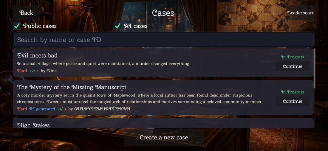 Case browser listing community and AI mysteries with a Create a new case button.