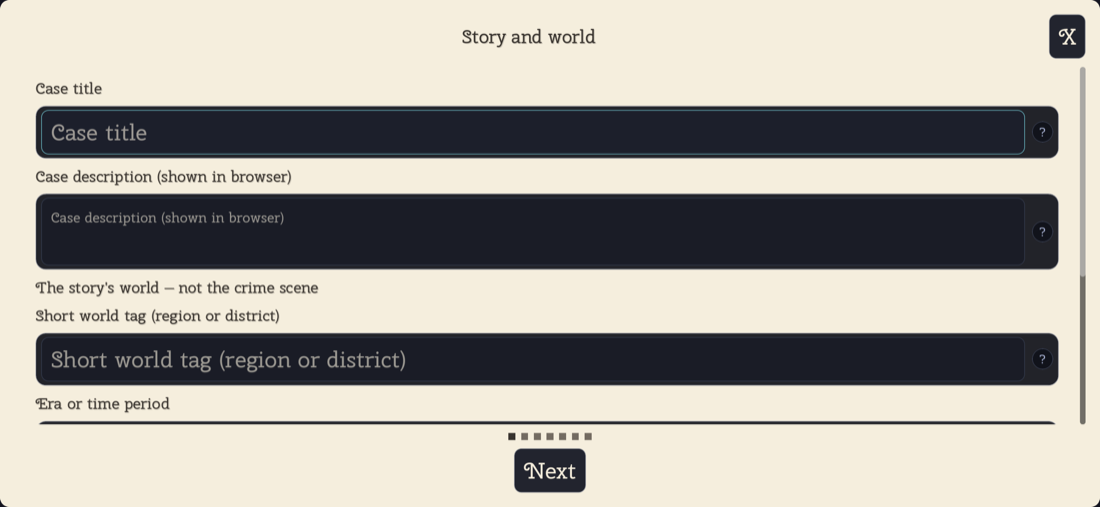 Story and world case builder with title, description, and world setup fields.